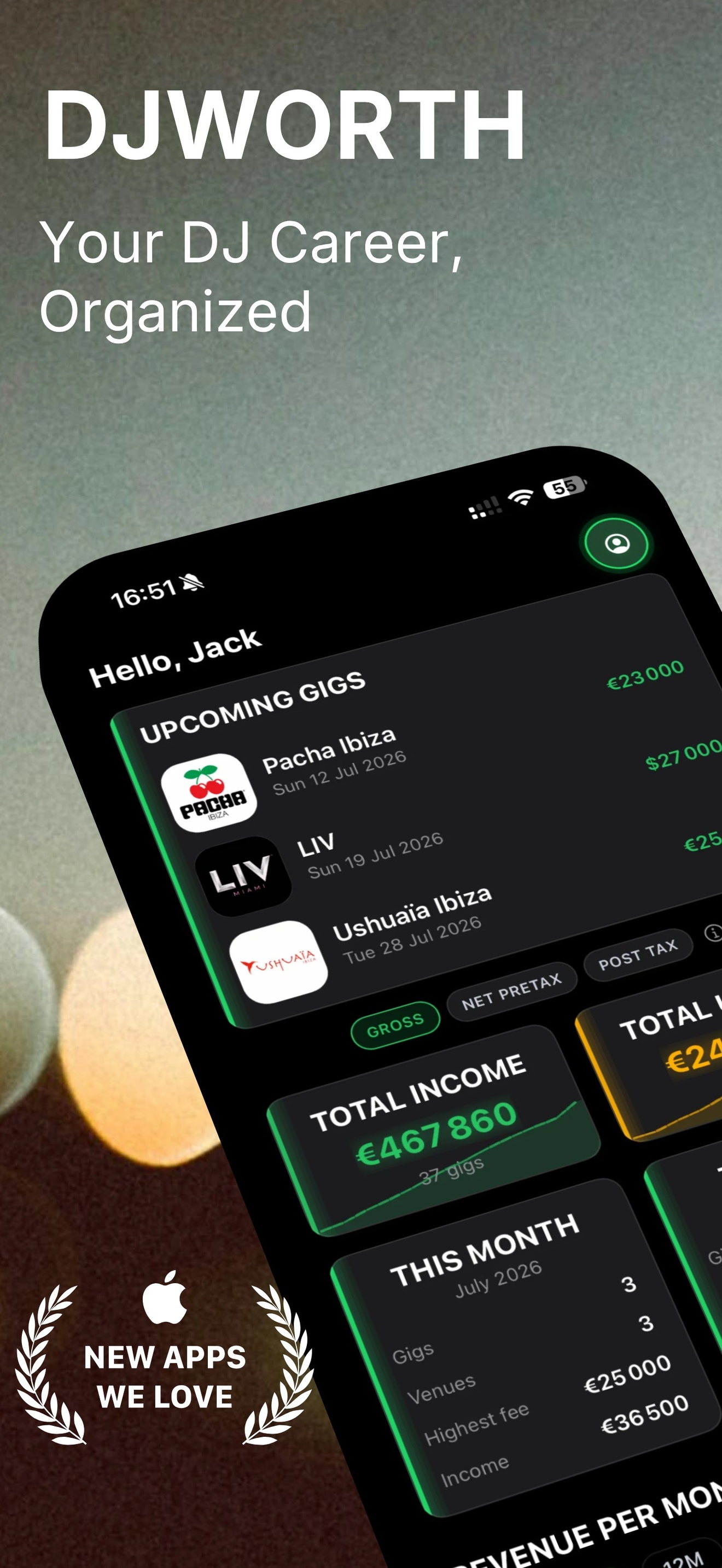 DJWorth home screen with upcoming gigs and income
